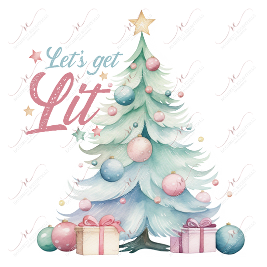 A pastel watercolor christmas tree with shades of blue and pink. Two presents are wrapped underneath the tree. The words 'let's get lit' are written off to the side of the tree