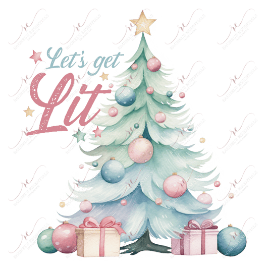 A pastel watercolor christmas tree with shades of blue and pink. Two presents are wrapped underneath the tree. The words 'let's get lit' are written off to the side of the tree