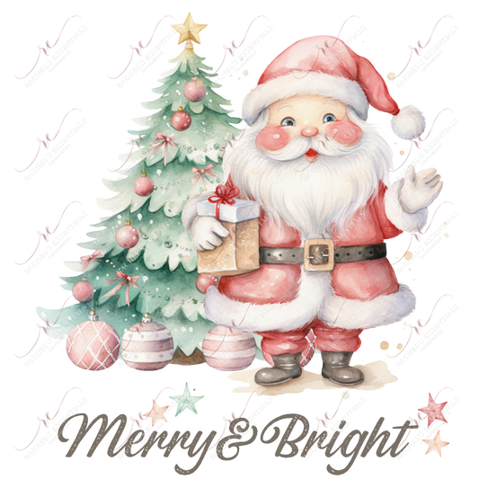 Pastel watercolor Santa in a red suit holding a present and standing in front of a green Christmas tree with red ornaments. Merry & bright are written at the bottom of the design 