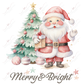 Pastel watercolor Santa in a red suit holding a present and standing in front of a green Christmas tree with red ornaments. Merry & bright are written at the bottom of the design 