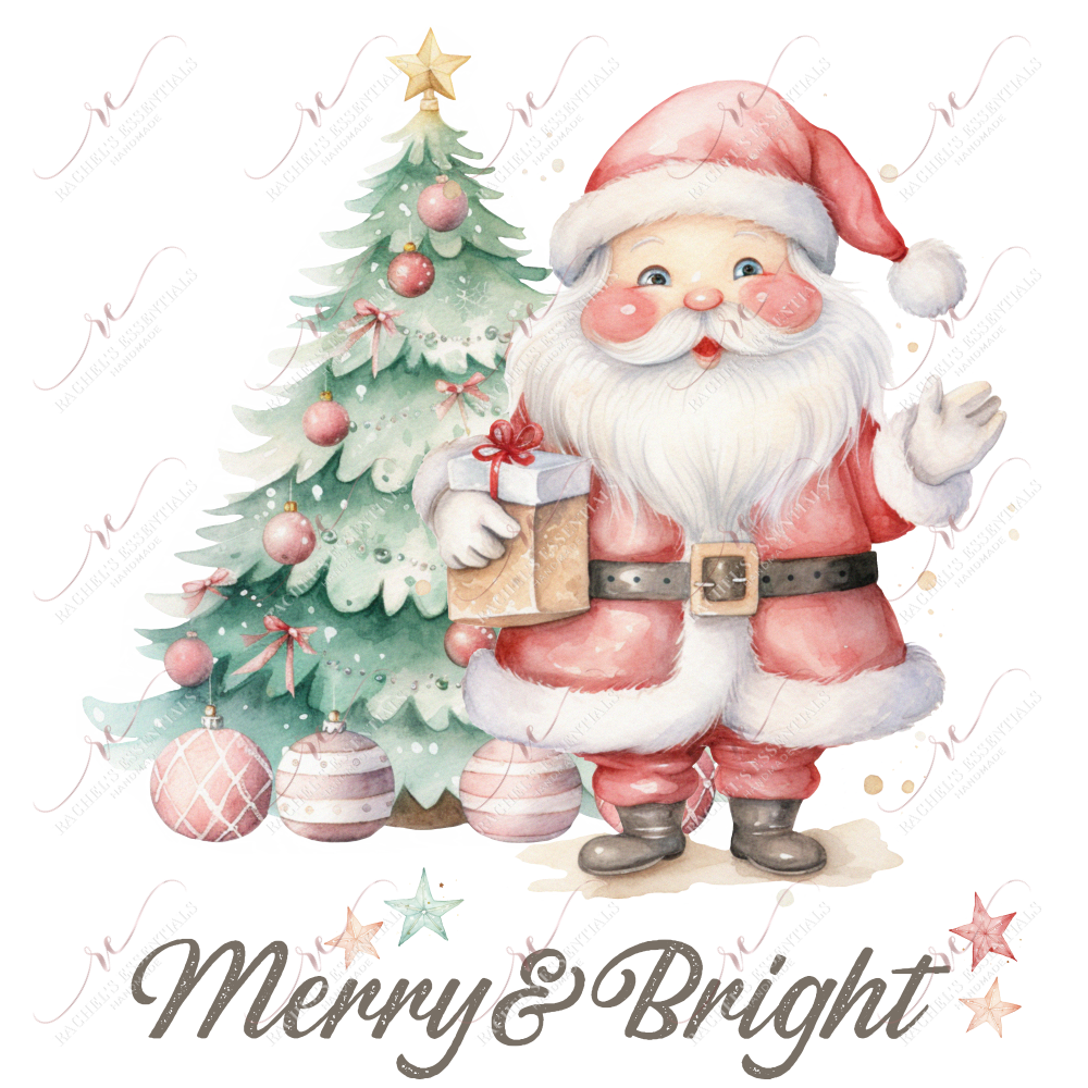 Pastel watercolor Santa in a red suit holding a present and standing in front of a green Christmas tree with red ornaments. Merry & bright are written at the bottom of the design 