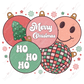 Pastel, distressed christmas ornaments in red, pink and green. A retro disco ball ornament is at the bottom and a light pink smiley face ornament is at the top. Snowflakes, stars and dots are throughout the design