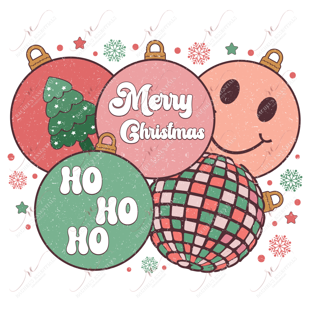 Pastel, distressed christmas ornaments in red, pink and green. A retro disco ball ornament is at the bottom and a light pink smiley face ornament is at the top. Snowflakes, stars and dots are throughout the design