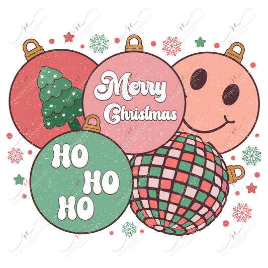 Pastel, distressed christmas ornaments in red, pink and green. A retro disco ball ornament is at the bottom and a light pink smiley face ornament is at the top. Snowflakes, stars and dots are throughout the design