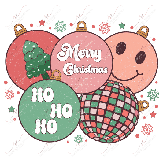 Pastel, distressed christmas ornaments in red, pink and green. A retro disco ball ornament is at the bottom and a light pink smiley face ornament is at the top. Snowflakes, stars and dots are throughout the design