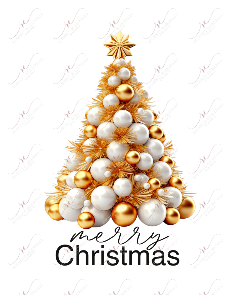 Gold Christmas tree filled with white & gold ornaments. Topped with a gold star