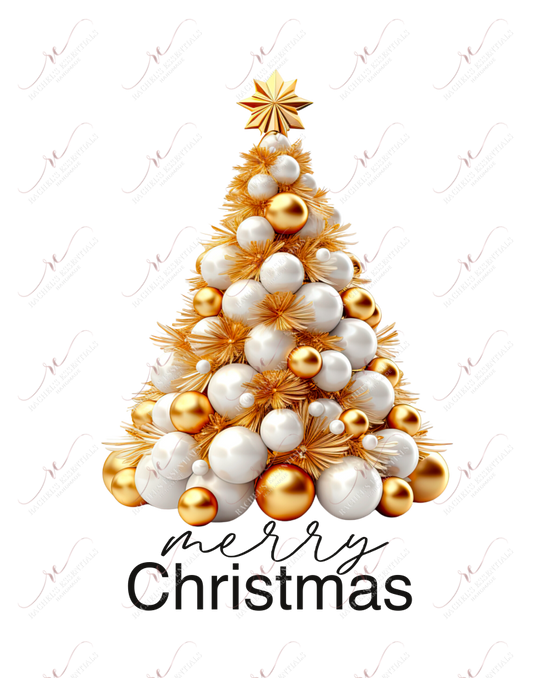 Gold Christmas tree filled with white & gold ornaments. Topped with a gold star