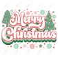 The words Merry Christmas in a red, pink and green retro font with a green and red christmas tree on both sides of the wording. Red, pink & green stars, dots, & snowflakes are throughout the design.