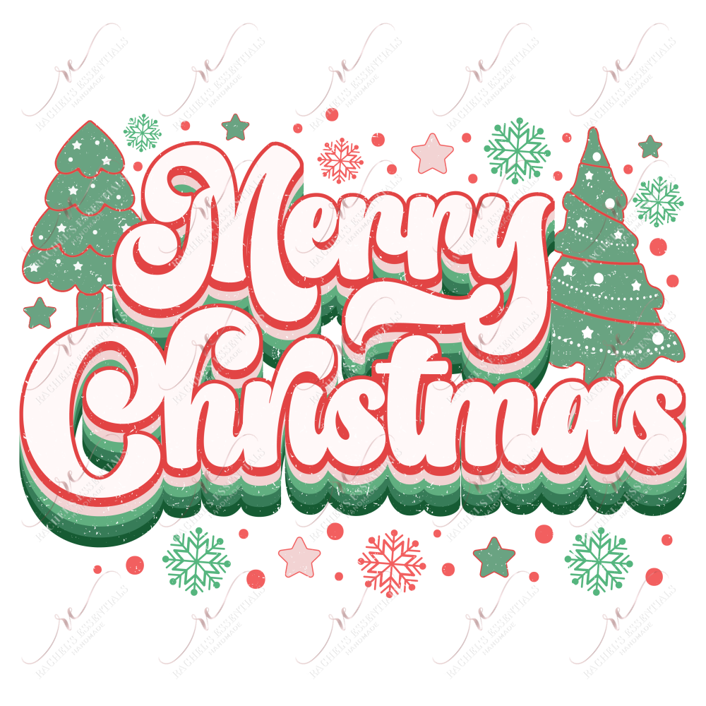 The words Merry Christmas in a red, pink and green retro font with a green and red christmas tree on both sides of the wording. Red, pink & green stars, dots, & snowflakes are throughout the design.