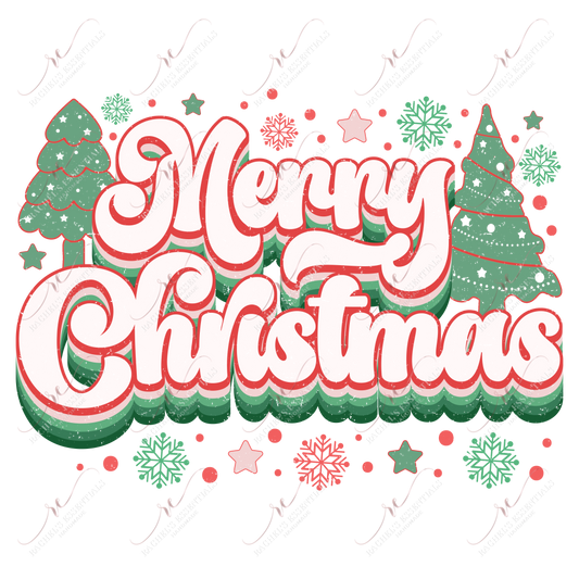 The words Merry Christmas in a red, pink and green retro font with a green and red christmas tree on both sides of the wording. Red, pink & green stars, dots, & snowflakes are throughout the design.