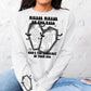 Model wearing a white sweatshirt with a halloween design on the front and sleeve of the sweatshirt. The front has the wording Mirror Mirror on the wall who's the spookiest of then all. Between the wording is 2 black coffins with spider webs and bats. The same design is featured on the sleeve of the sweatshirt 