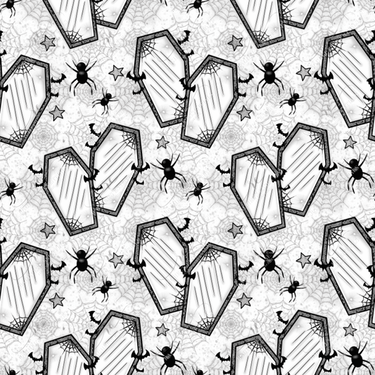 Seamless pattern featuring black coffin-shaped mirrors with cobwebs in the corners. Spiders, spiderwebs, stars and & bats are scattered throughout the pattern. 