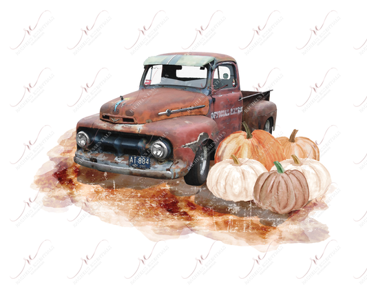 Old Red Truck And Pumpkins - Ready To Press Sublimation Transfer Print Sublimation