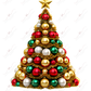 Gold Christmas tree filled with red, green, silver & gold ornaments. Topped with a gold star