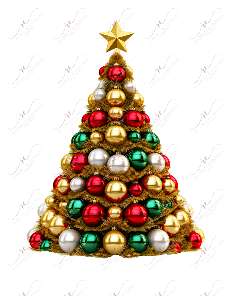 Gold Christmas tree filled with red, green, silver & gold ornaments. Topped with a gold star