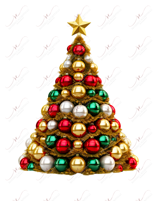 Gold Christmas tree filled with red, green, silver & gold ornaments. Topped with a gold star