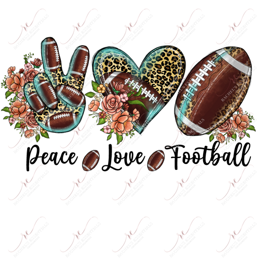 peace, love, football in leopard, teal & football patterns. Orange and pinks flower are throughout the design. 