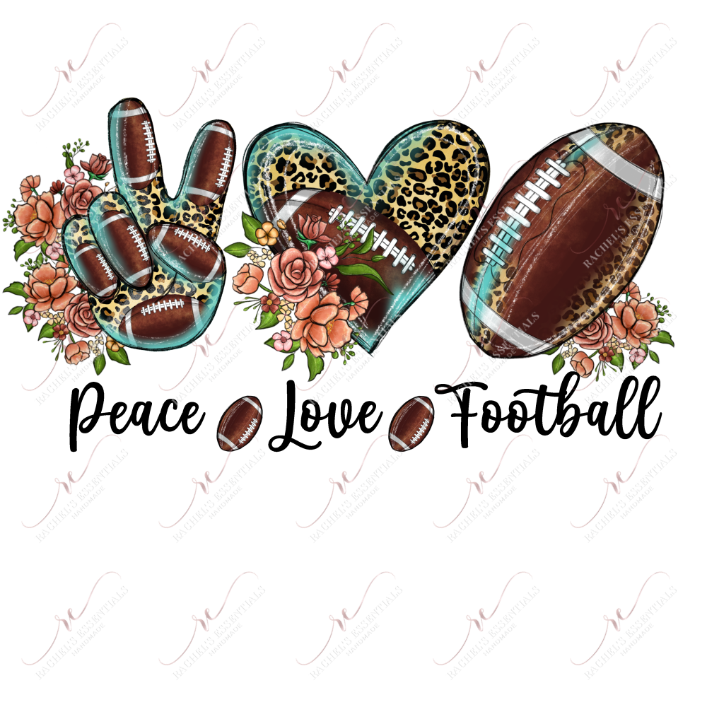 peace, love, football in leopard, teal & football patterns. Orange and pinks flower are throughout the design. 