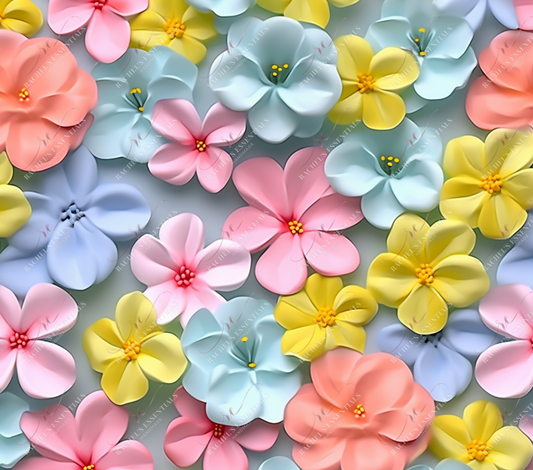 Pink/Blue/Yellow 3D Flowers-Ready To Press Sublimation Transfer Print Sublimation