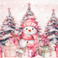 A happy snowman sitting in front of 3 Christmas trees with pink stars and ornaments and pink wrapped presents. The snowman is wearing a pink scarf and toboggan. 