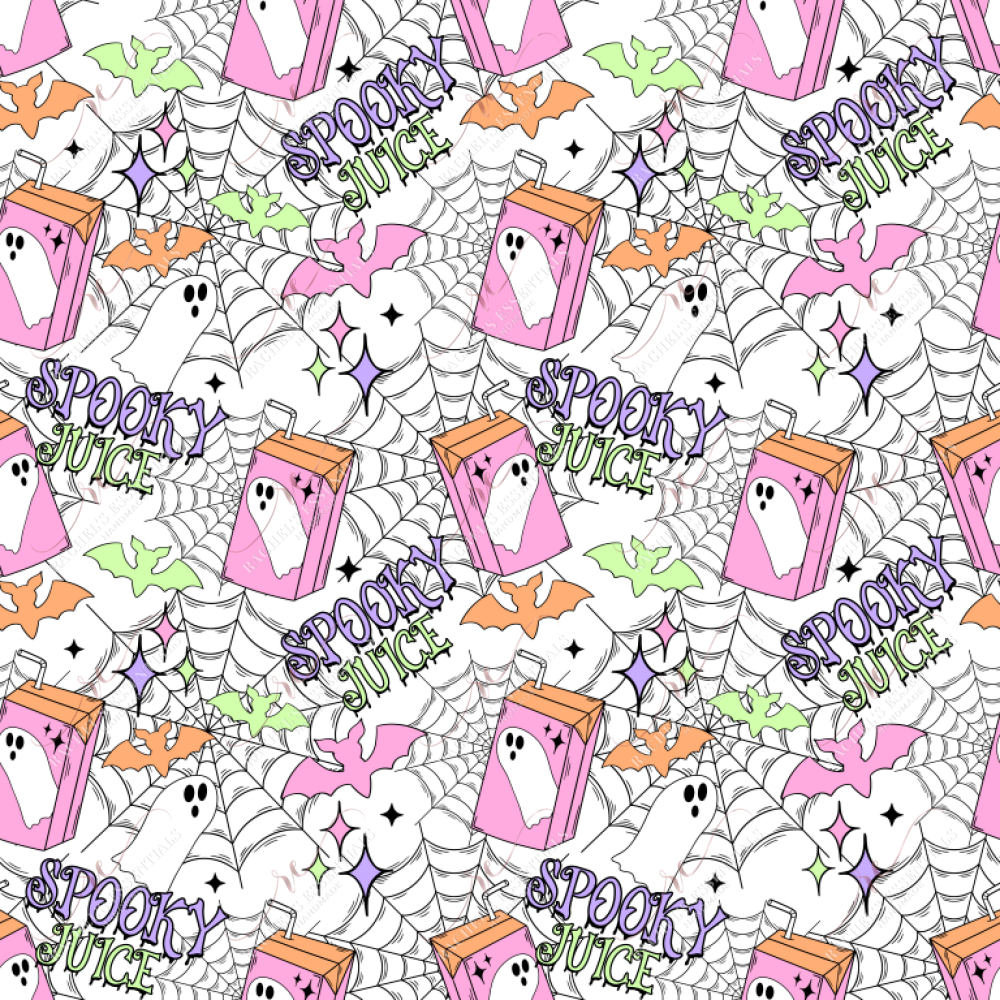 seamless pattern design featuring a pink and orange juice box with a white ghost and black stars on it. The background has black spiderwebs, orange, green & pink bats and stars, and the words spooky juice scattered throughout.