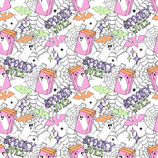 seamless pattern design featuring a pink and orange juice box with a white ghost and black stars on it. The background has black spiderwebs, orange, green & pink bats and stars, and the words spooky juice scattered throughout.