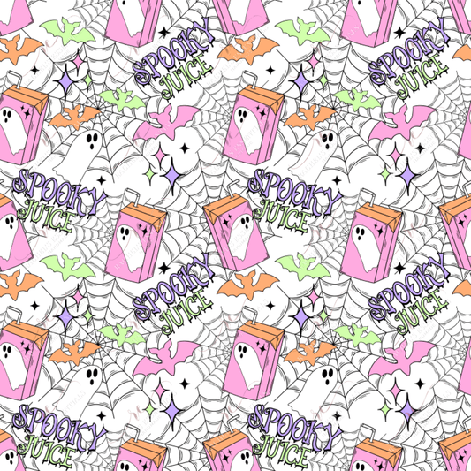 seamless pattern design featuring a pink and orange juice box with a white ghost and black stars on it. The background has black spiderwebs, orange, green & pink bats and stars, and the words spooky juice scattered throughout.