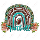 leopard, football, & teal rainbow with a football underneath. A floral arrangement is at the ends of both sides of the rainbow.