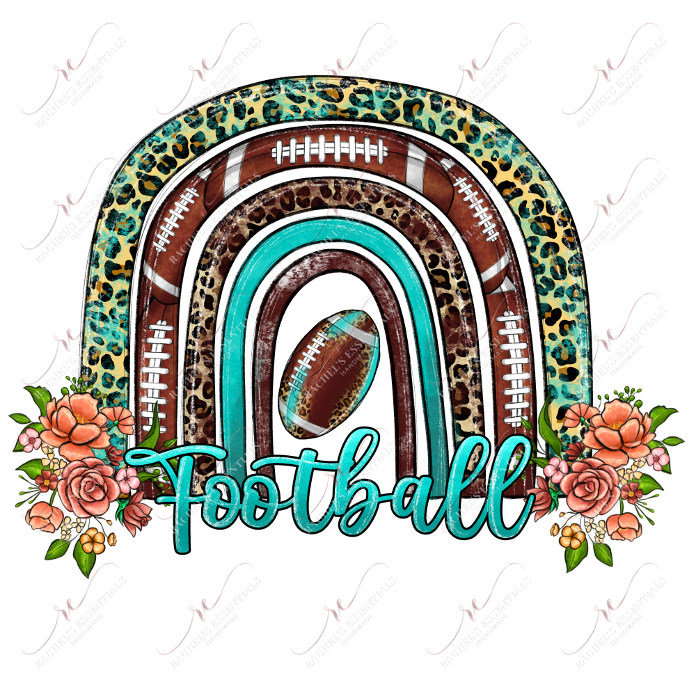 leopard, football, & teal rainbow with a football underneath. A floral arrangement is at the ends of both sides of the rainbow.