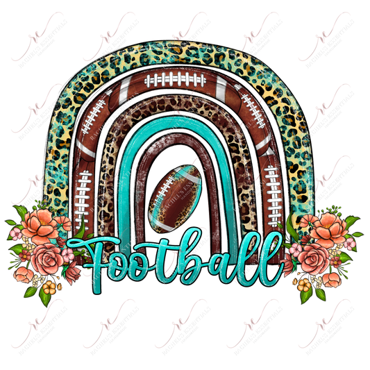 leopard, football, & teal rainbow with a football underneath. A floral arrangement is at the ends of both sides of the rainbow.