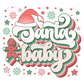 The words Santa Baby in a green, pink, & red retro font with a santa hat on top. A red, green and pink gingerbread man is to the left & red, green & pink snowflakes, stars & dots are throughout.