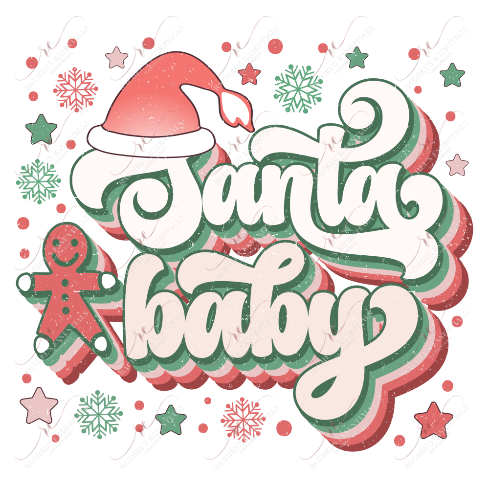 The words Santa Baby in a green, pink, & red retro font with a santa hat on top. A red, green and pink gingerbread man is to the left & red, green & pink snowflakes, stars & dots are throughout.