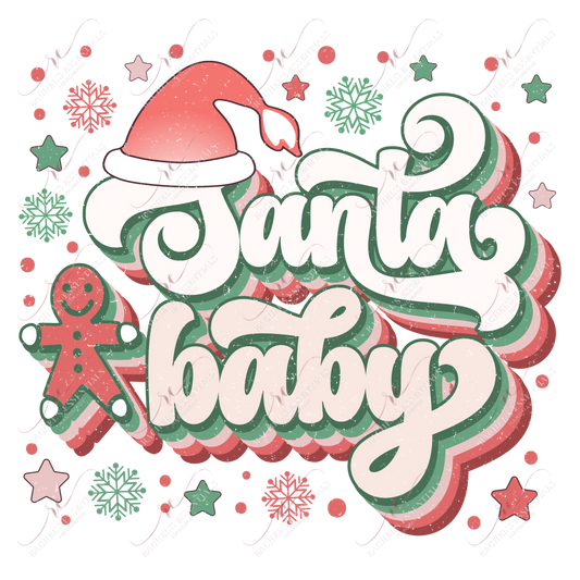 The words Santa Baby in a green, pink, & red retro font with a santa hat on top. A red, green and pink gingerbread man is to the left & red, green & pink snowflakes, stars & dots are throughout.