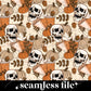 Seamless design featuring Pumpkin Spice lattes and Iced pumpkin spice drinks. Pumpkins, acorns, vines, and skulls are also featured throughout the design.