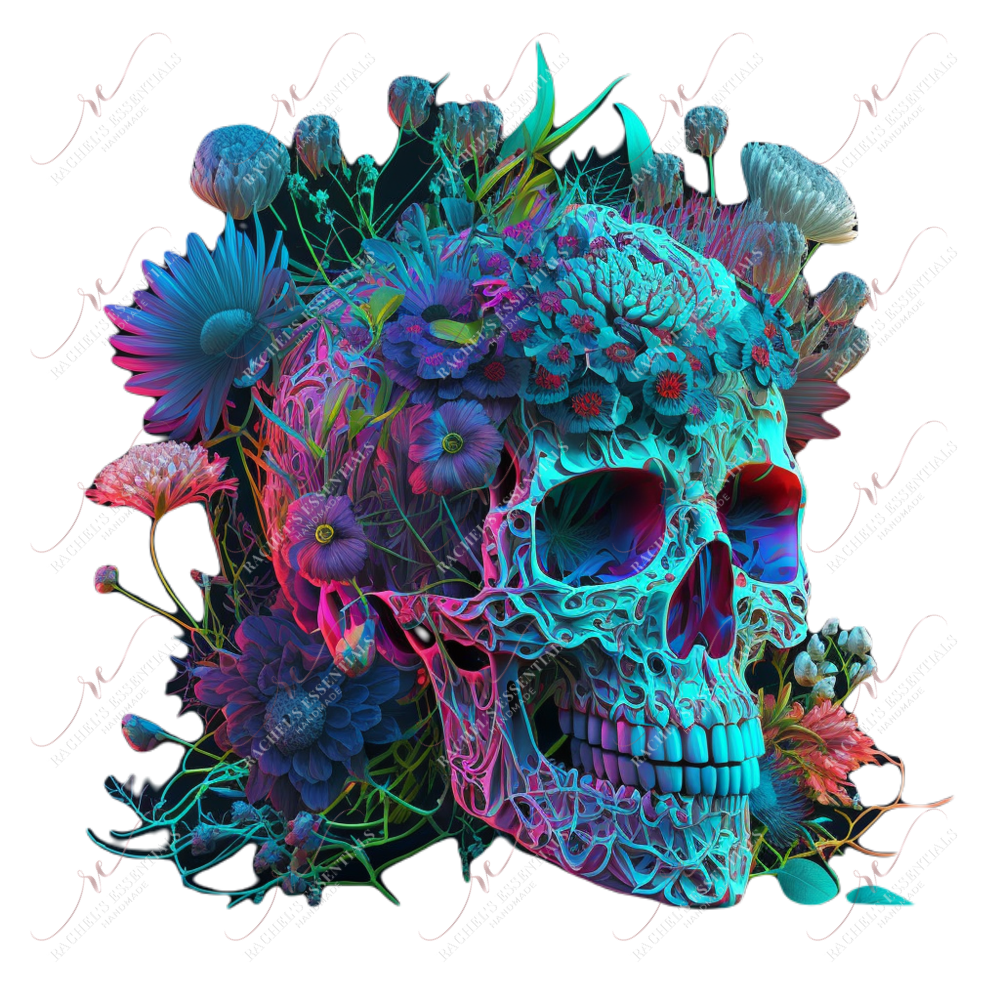 Skull And Neon Flowers- Clear Cast Decal