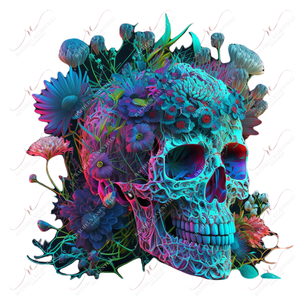 Skull And Neon Flowers- Ready To Press Sublimation Transfer Print Sublimation