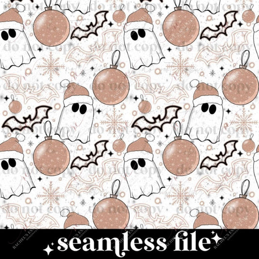 seamless pattern featuring white ghosts wearing red santa hats, red bats, black bats, red snowflakes and red Christmas ornaments. The design is a spooky Christmas. 