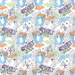 seamless pattern featuring spider webs with blue, green and orange bats flying in front of them. Orange and blue juice boxes with white ghosts on them and the words spooky juice are scattered throughout the design