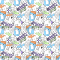 seamless pattern featuring spider webs with blue, green and orange bats flying in front of them. Orange and blue juice boxes with white ghosts on them and the words spooky juice are scattered throughout the design