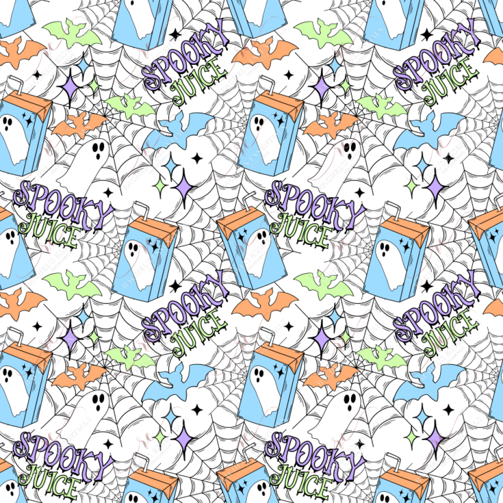 seamless pattern featuring spider webs with blue, green and orange bats flying in front of them. Orange and blue juice boxes with white ghosts on them and the words spooky juice are scattered throughout the design