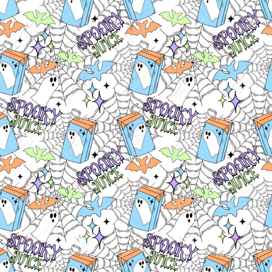 seamless pattern featuring spider webs with blue, green and orange bats flying in front of them. Orange and blue juice boxes with white ghosts on them and the words spooky juice are scattered throughout the design