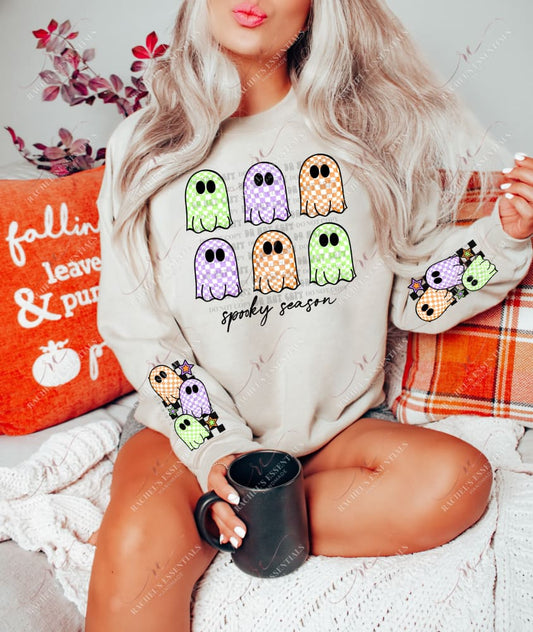 Checkered retro ghosts in orange, purple and green. Print is meant for the sleeves