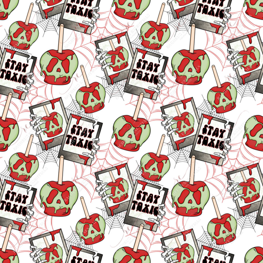 Seamless pattern featuring red and black spiderwebs in the background. In the foreground, bloody and toxic red and green apples on sticks are scattered throughout. Skeleton hands holding two polaroid pictures and repeated throughout the design. One polaroid is a picture of the red and green bloody/poison apple. The other polaroid says 'Stay Toxic' with blood dripping from it. 