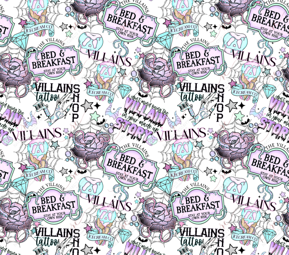 Different villain scenes and wording is scattered throughout the design such as 'I don't mind being the villain in your made up story'. Villains ice cream co., featuring a spiderwebit with a spooly ice cream cone in pink and blue and stars around the design. The Villains bed & breakfast stay at your own risk, is on a purple and light green sign with octopus tentacles holding it. Villains tattoo shop features a hand getting getting tattoos of the different scenes in this design.