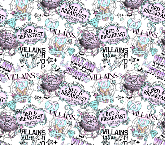 Different villain scenes and wording is scattered throughout the design such as 'I don't mind being the villain in your made up story'. Villains ice cream co., featuring a spiderwebit with a spooly ice cream cone in pink and blue and stars around the design. The Villains bed & breakfast stay at your own risk, is on a purple and light green sign with octopus tentacles holding it. Villains tattoo shop features a hand getting getting tattoos of the different scenes in this design. 