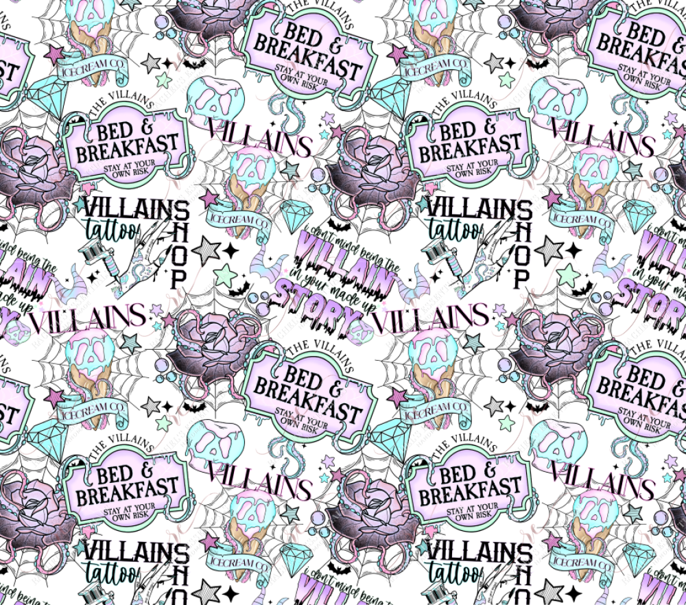 Different villain scenes and wording is scattered throughout the design such as 'I don't mind being the villain in your made up story'. Villains ice cream co., featuring a spiderwebit with a spooly ice cream cone in pink and blue and stars around the design. The Villains bed & breakfast stay at your own risk, is on a purple and light green sign with octopus tentacles holding it. Villains tattoo shop features a hand getting getting tattoos of the different scenes in this design. 