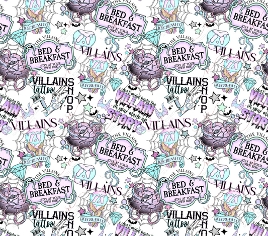 Different villain scenes and wording is scattered throughout the design such as 'I don't mind being the villain in your made up story'. Villains ice cream co., featuring a spiderwebit with a spooly ice cream cone in pink and blue and stars around the design. The Villains bed & breakfast stay at your own risk, is on a purple and light green sign with octopus tentacles holding it. Villains tattoo shop features a hand getting getting tattoos of the different scenes in this design. 