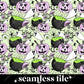 seamless spooky halloween design with light green background. Design features spiderwebs, spiders, bats, purple mushrooms, ,eyeballs, white ghosts, purple jack-o-lanterns with knives through the eyes, and black cauldrons with green bubbling potion 