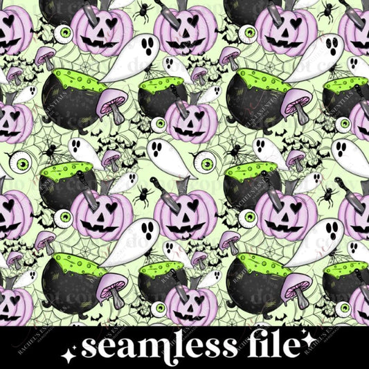 seamless spooky halloween design with light green background. Design features spiderwebs, spiders, bats, purple mushrooms, ,eyeballs, white ghosts, purple jack-o-lanterns with knives through the eyes, and black cauldrons with green bubbling potion 