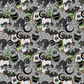 Seamless spooky design featuring black bats with glowing green ears, bright green snakes, black crescent moons, mirror shaped coffins with skeleton hands emerging from them holding black/green poison bottles and black cats with glowing green eyes.  The background is grey with light grey stars